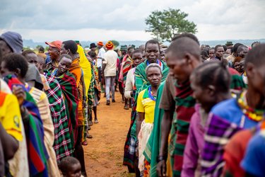 Queuing for the election of the Parish Climate Change Committees in Kaabong, Uganda.
