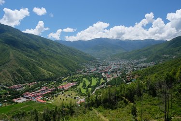 Birds eye view of the Tashichho Dzong in Thimpu. First built in 1216 and extended and reconstructed many times throughout the years